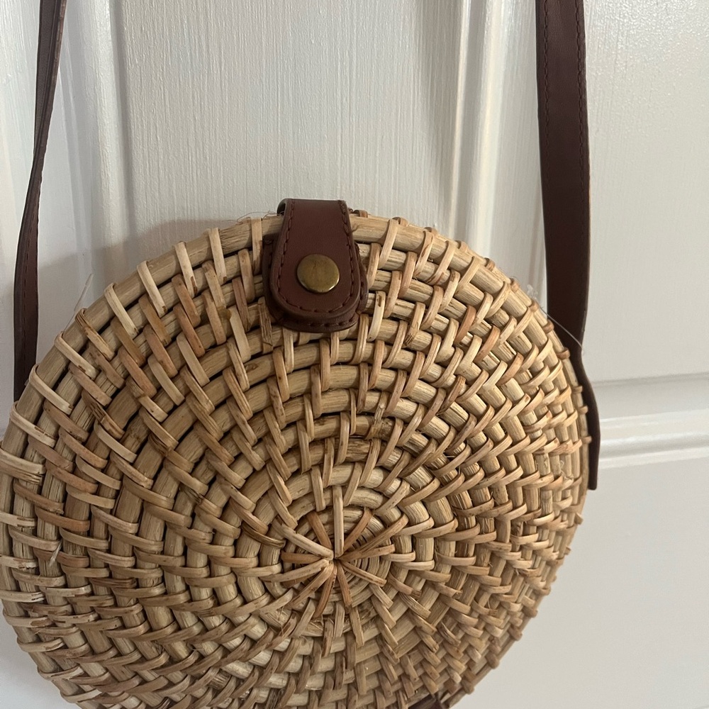 Brown Woven Round Crossbody Bag